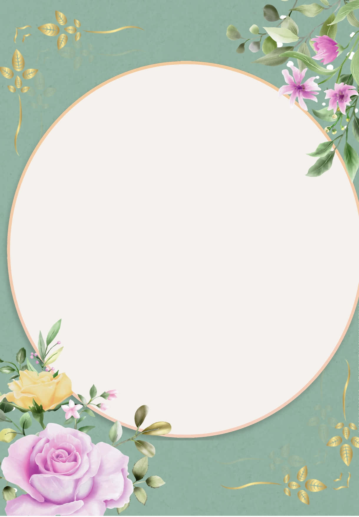 Invitation 桌布 壁紙 — 柔和的青綠色背景，飾以精緻的粉黃玫瑰和金箔點綴，圍繞著中央圓形空間。