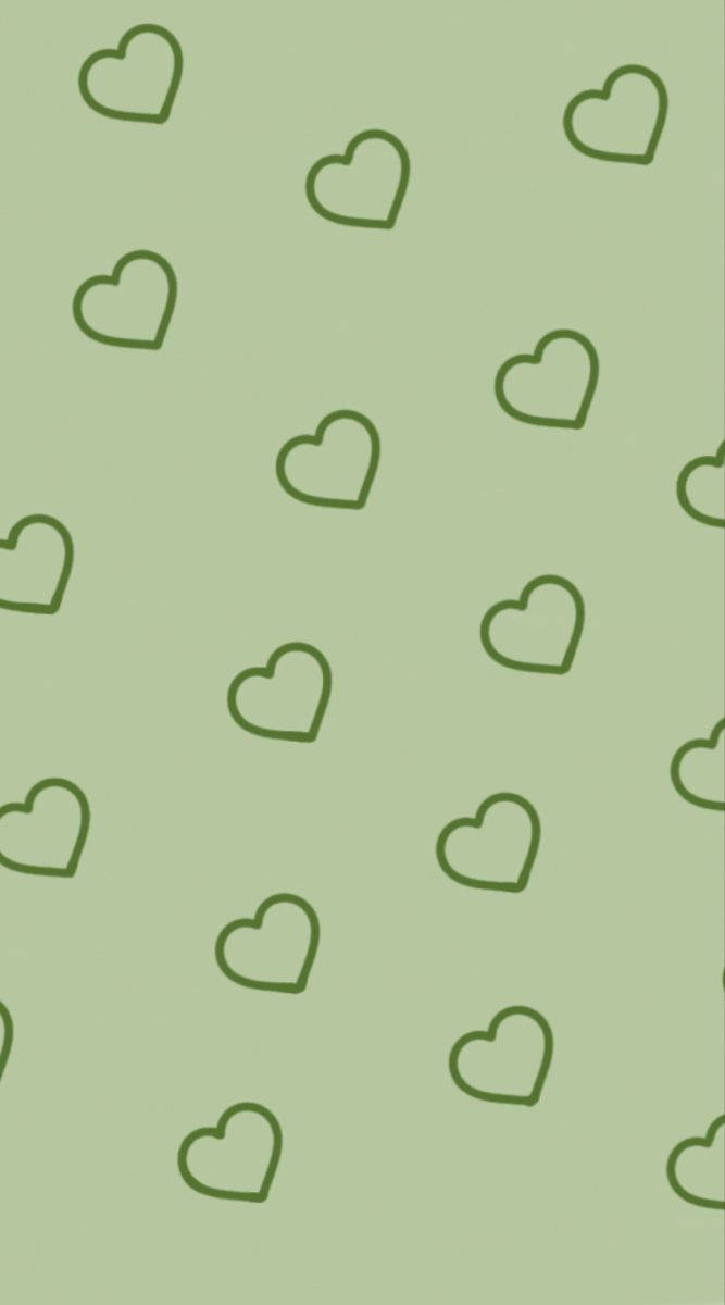 Green Heart 桌布 壁紙 — 柔和的鼠尾草綠色背景，點綴著分散的極簡深綠色心形輪廓。
