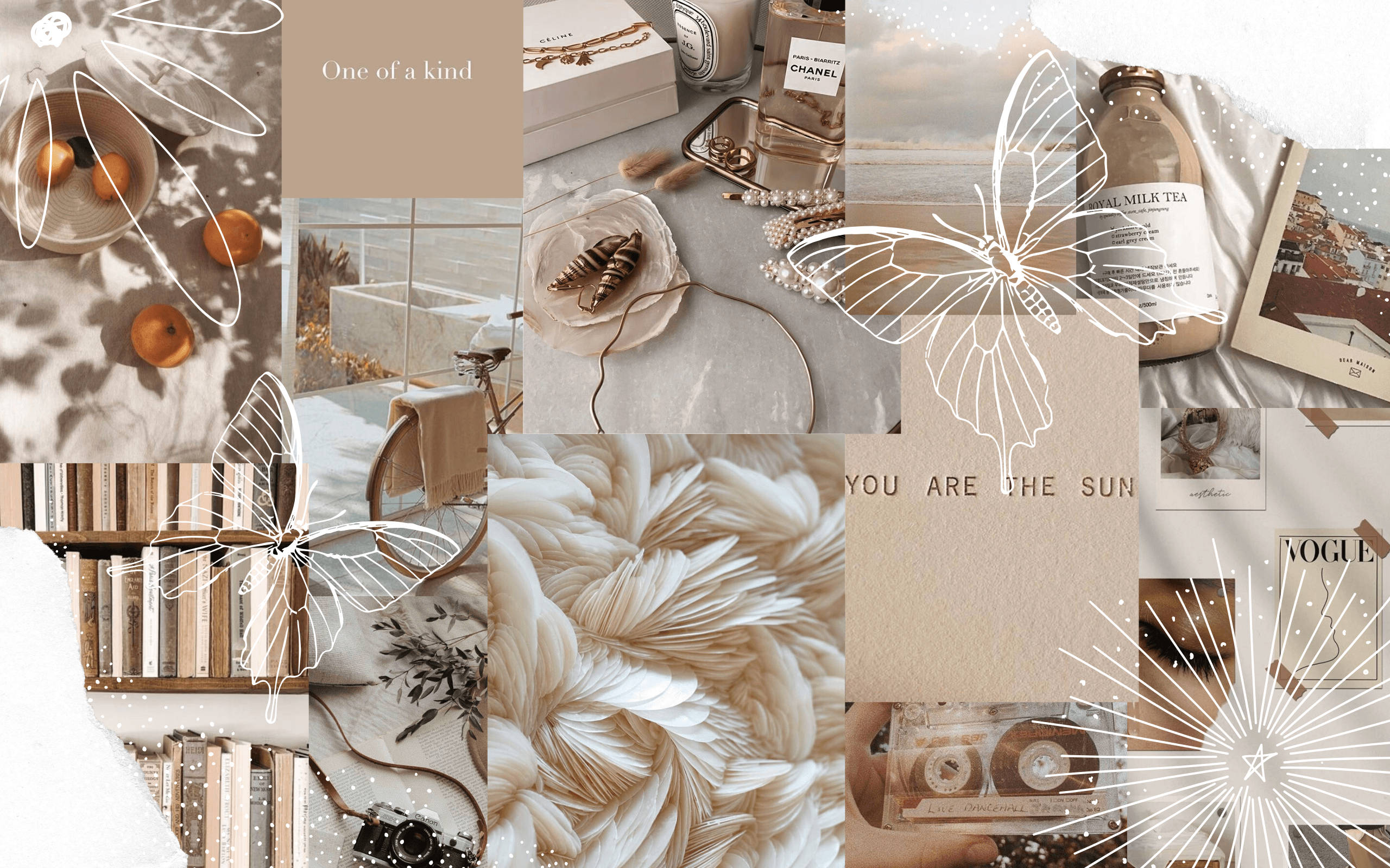Neutral Aesthetic 桌布 壁紙 — 柔和米白色拼貼畫，展現奢華生活用品、書籍、蝴蝶及文字疊加，呈現極簡美學。