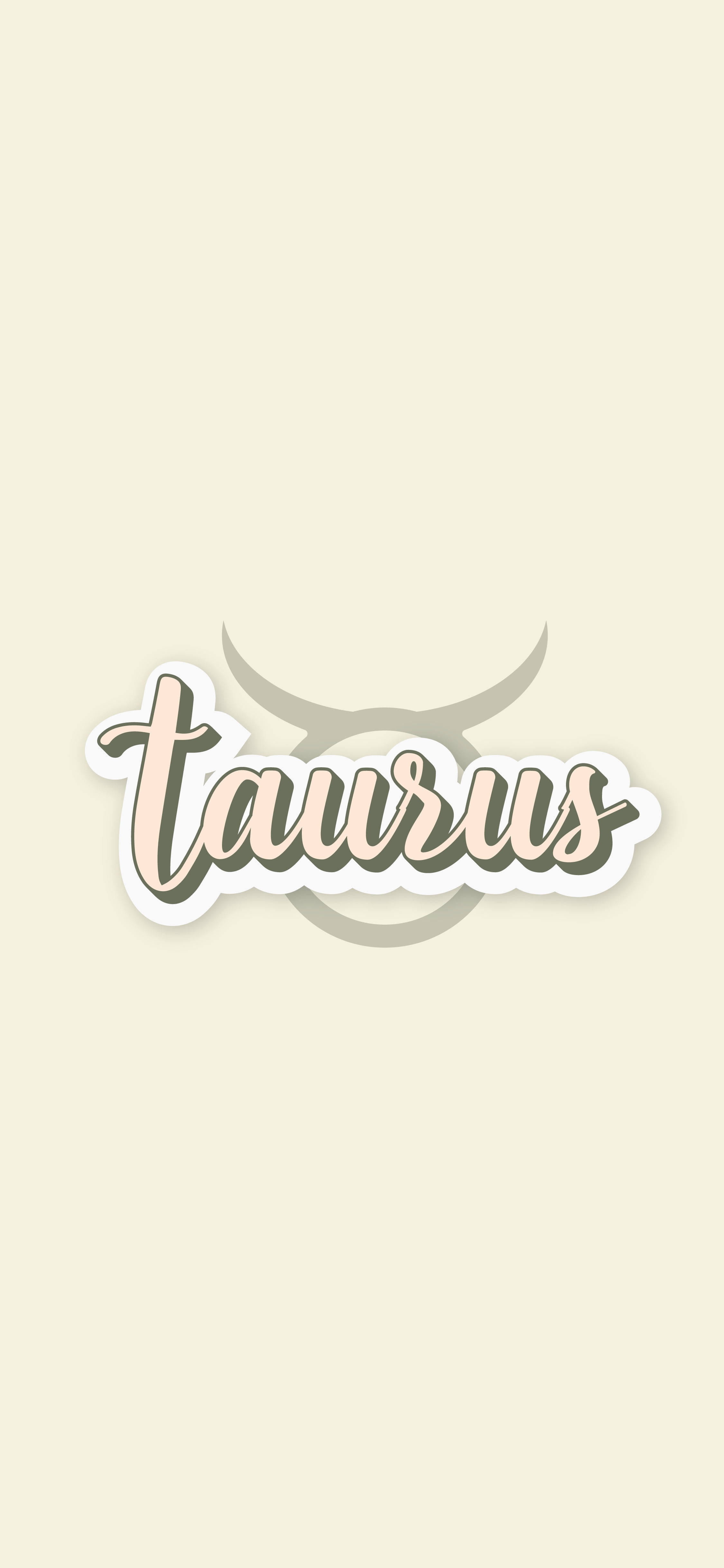 zodiac 桌布 壁紙 — 柔和米色背景上，帶有公牛角圖標的極簡貼紙風格「Taurus」文字。