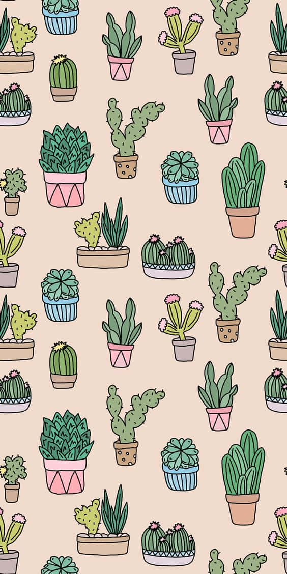 Cactus iPhone 桌布 壁紙 — 柔和米色背景上，色彩繽紛的花盆中卡通仙人掌和多肉植物的歡樂圖案。