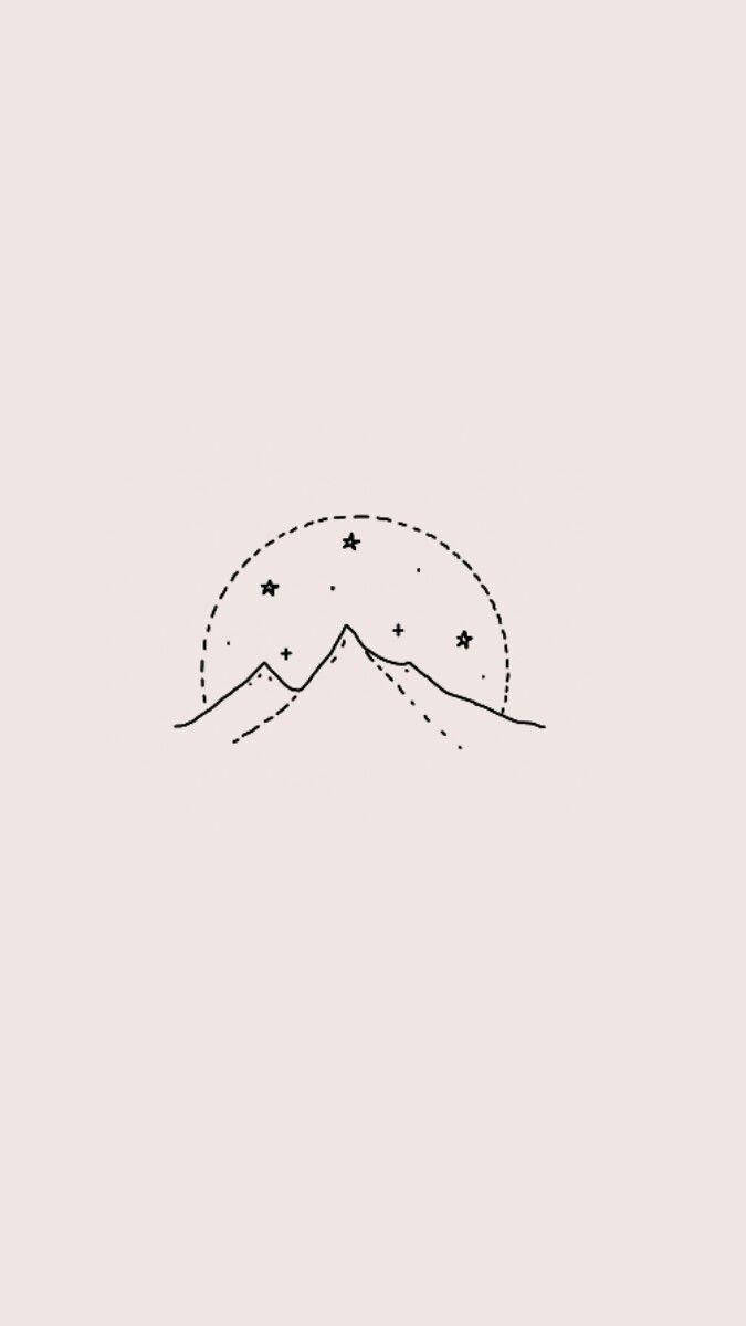 Aesthetic Drawings 桌布 壁紙 — 柔和米色背景上，點狀星形弧線下的簡約線條山峰畫。