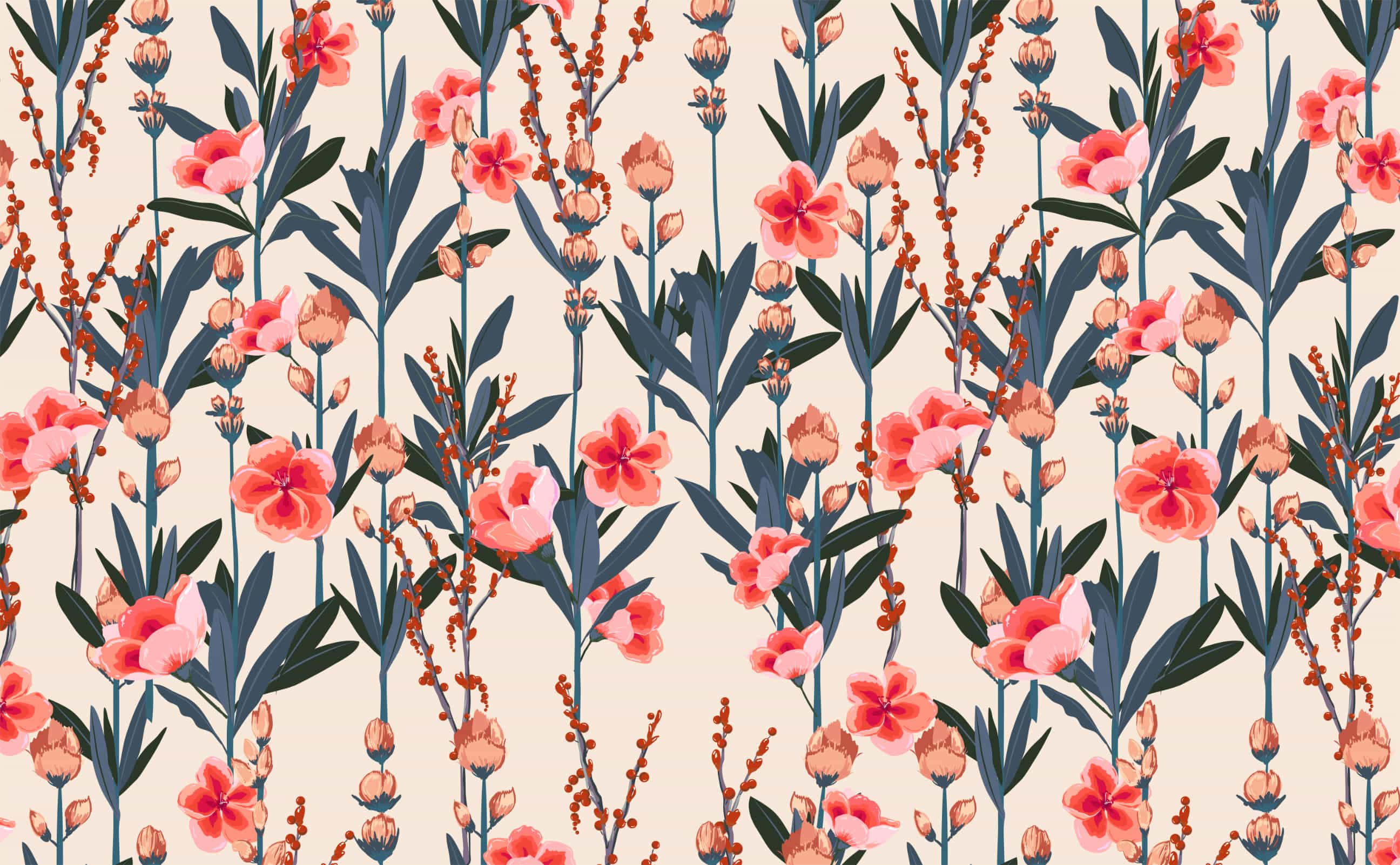Elegant Floral 桌布 壁紙 — 柔和米色背景上重複的珊瑚粉紅色花朵和深藍綠色葉子圖案。