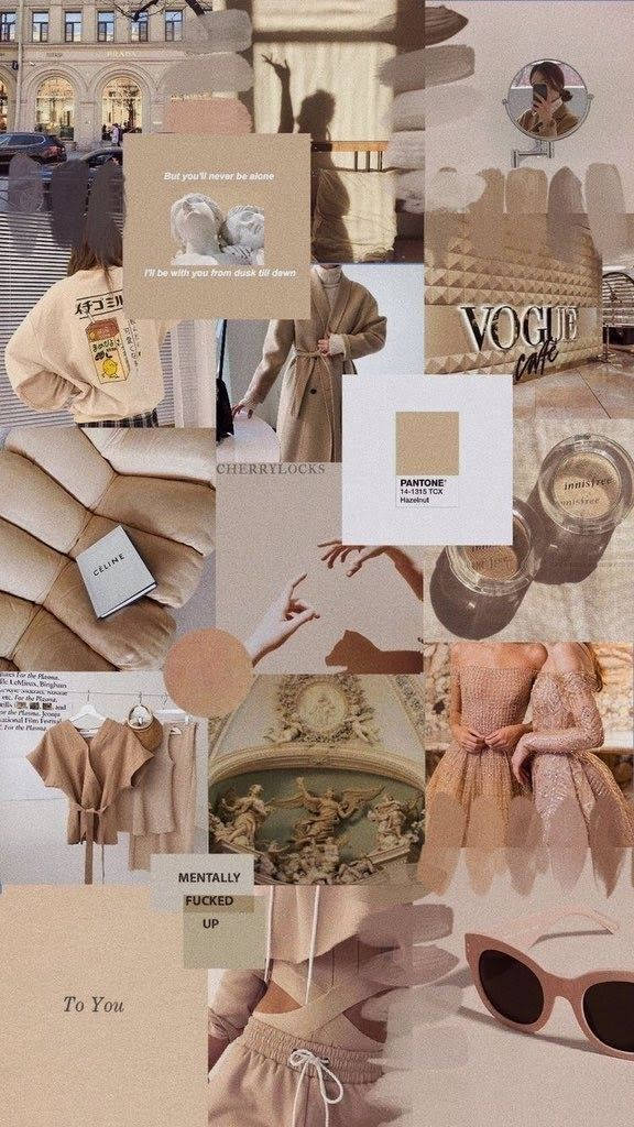 Collage 桌布 壁紙 — 柔和米色調拼貼畫，包含時尚單品、語錄和復古美學，呈現夢幻風格。
