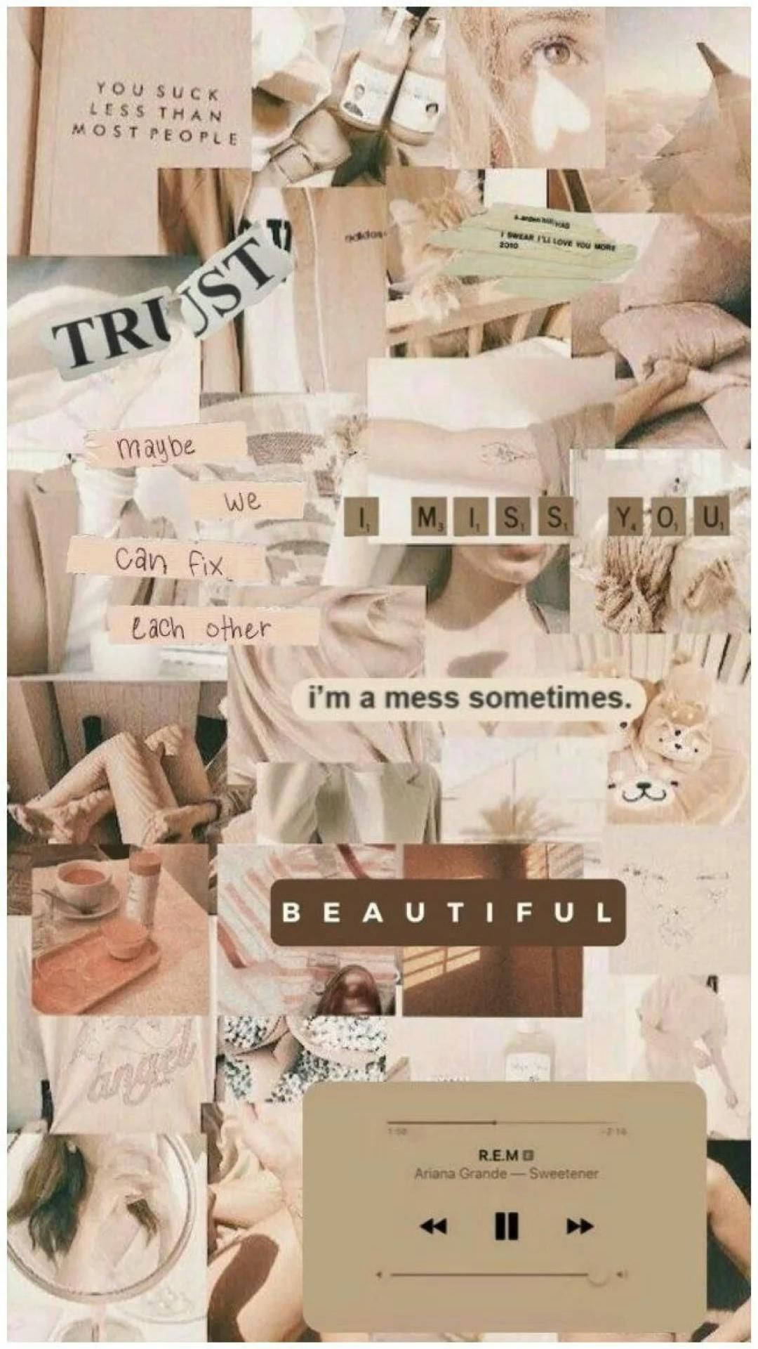 That Girl Aesthetic 桌布 壁紙 — 柔和米色調的個人照片、語錄和音樂播放器拼貼，帶有情感手寫訊息。