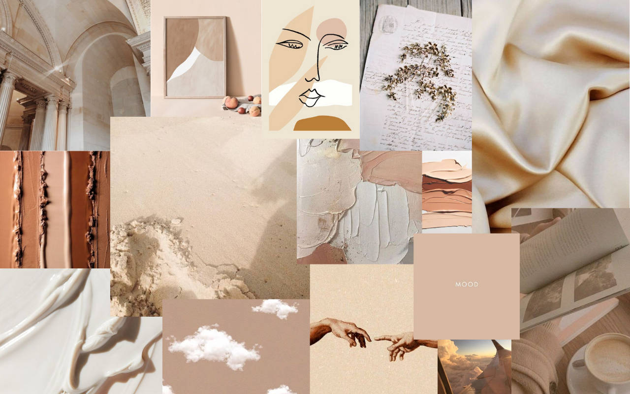 Beige Minimalist 桌布 壁紙 — 柔和米色調的藝術與紋理拼貼，包括垂墜布料、古典建築、抽象面孔和復古書頁。