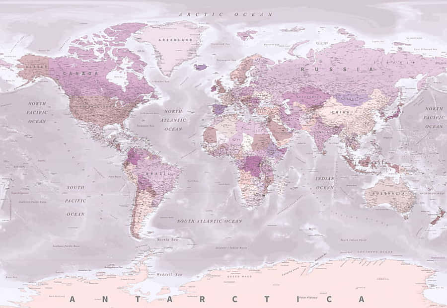 World Map Aesthetic 桌布 壁紙 — 柔和粉彩世界地圖，大陸以柔和粉紅色和薰衣草色呈現，背景為淺灰色海洋。