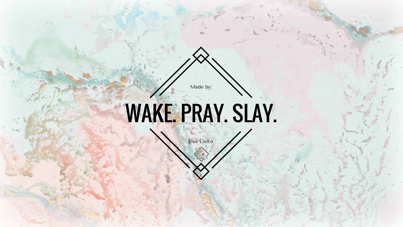 桌布 壁紙 — 柔和粉彩大理石背景，幾何鑽石框架內有粗體文字 wake pray slay。