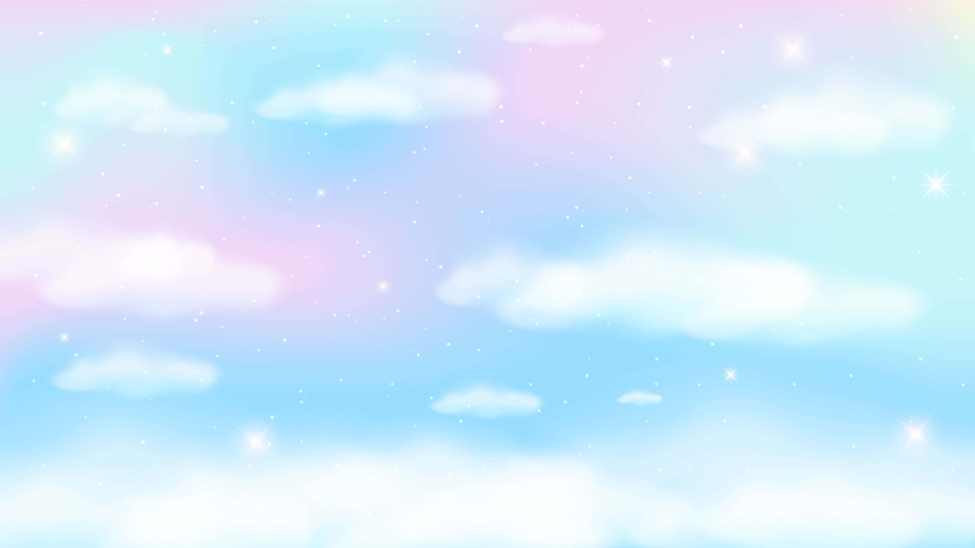 粉彩可愛動圖 桌布 壁紙 — 柔和粉彩天空，帶有蓬鬆雲朵和閃爍星星，呈現夢幻漸變色調。