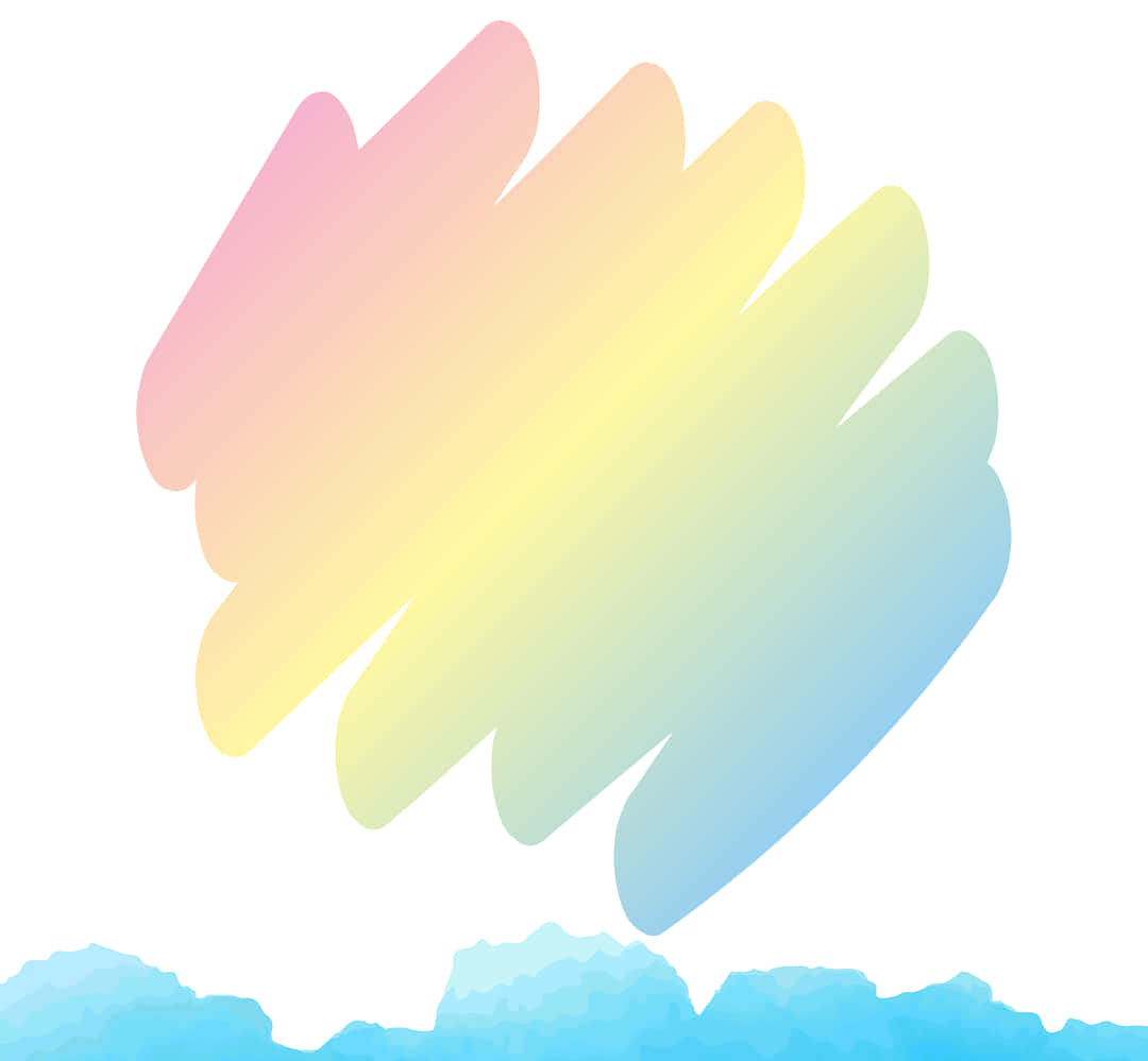 Brush Stroke 桌布 壁紙 — 柔和粉彩彩虹漸層，帶有扇貝形邊緣，漂浮在藍色水彩山脈剪影之上。