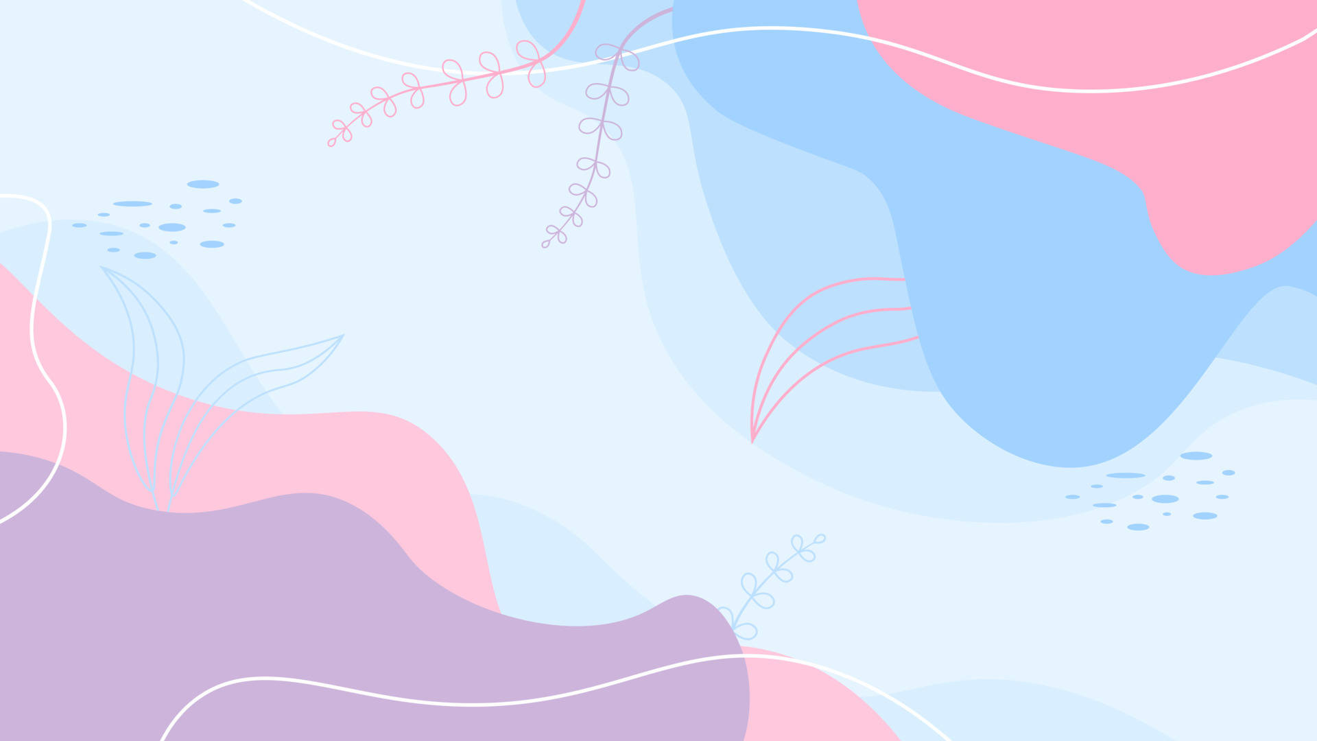 Pastel Abstract 桌布 壁紙 — 柔和粉彩抽象形狀，粉紅、藍色和薰衣草色流動，帶有精緻線條藝術葉子點綴。