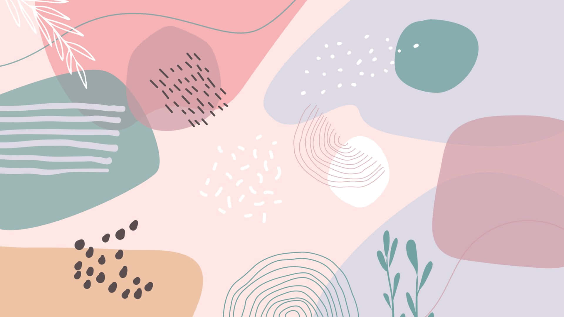 Aesthetic Abstract 桌布 壁紙 — 柔和粉彩抽象形狀搭配精緻線條圖案和葉子圖案，營造出平靜的現代設計。