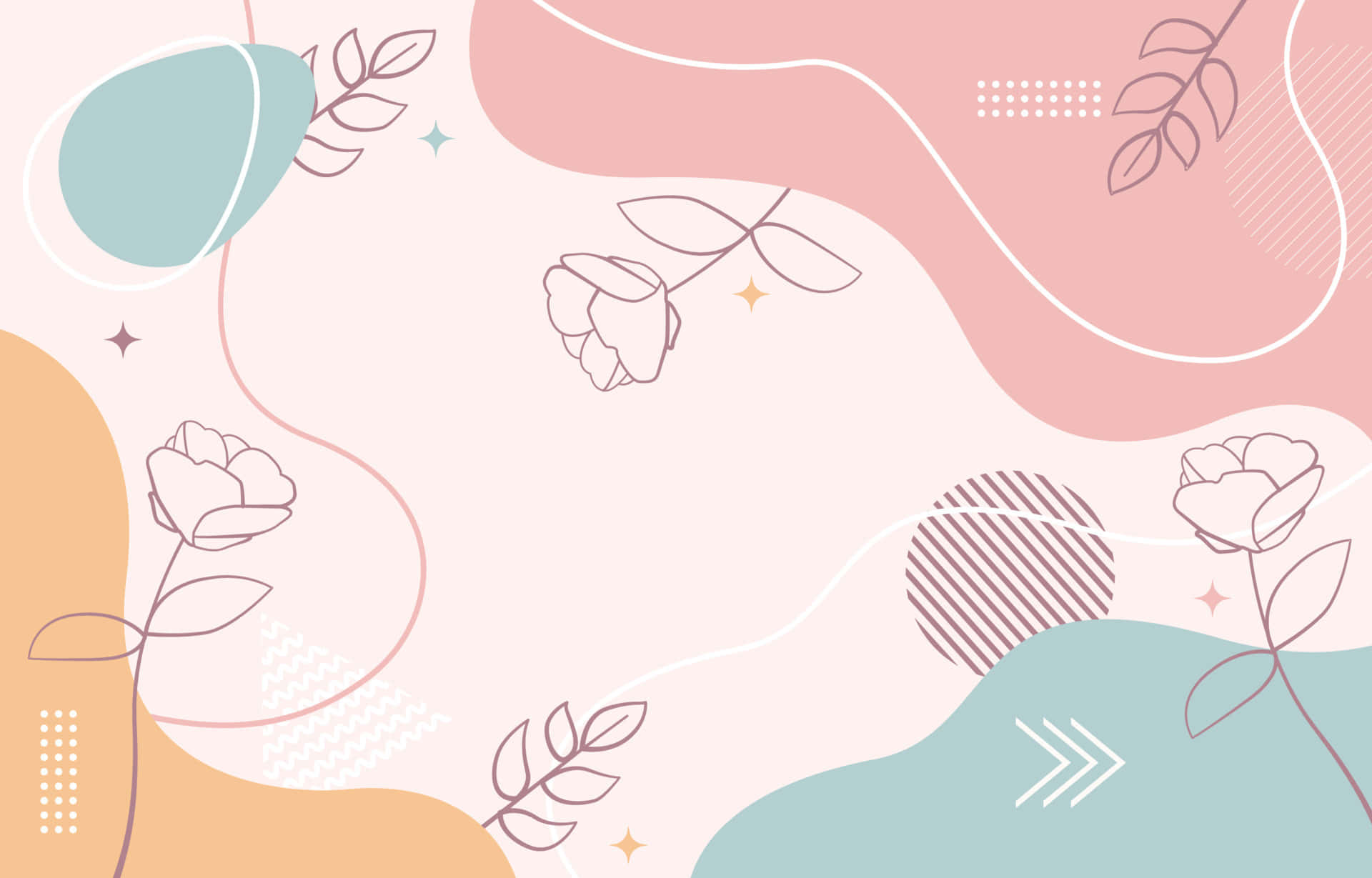 Pink Girly 桌布 壁紙 — 柔和粉彩抽象背景，帶有流動形狀、花卉線條藝術和柔和色調的幾何圖案。