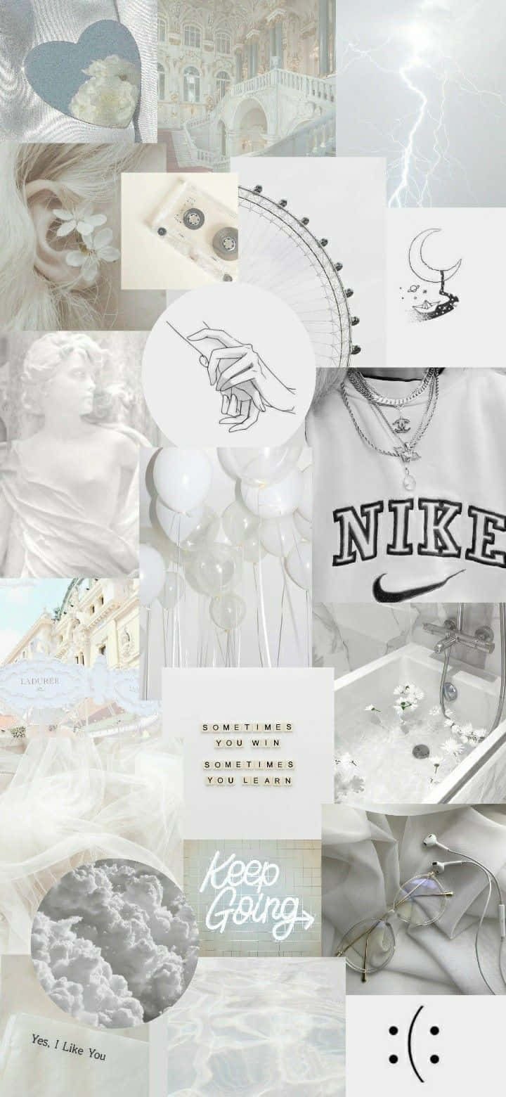 Silver Aesthetic iPhone 桌布 壁紙 — 柔和粉彩拼貼，包含浪漫懷舊元素，如雕像、雲朵、手寫語錄和復古飾品。