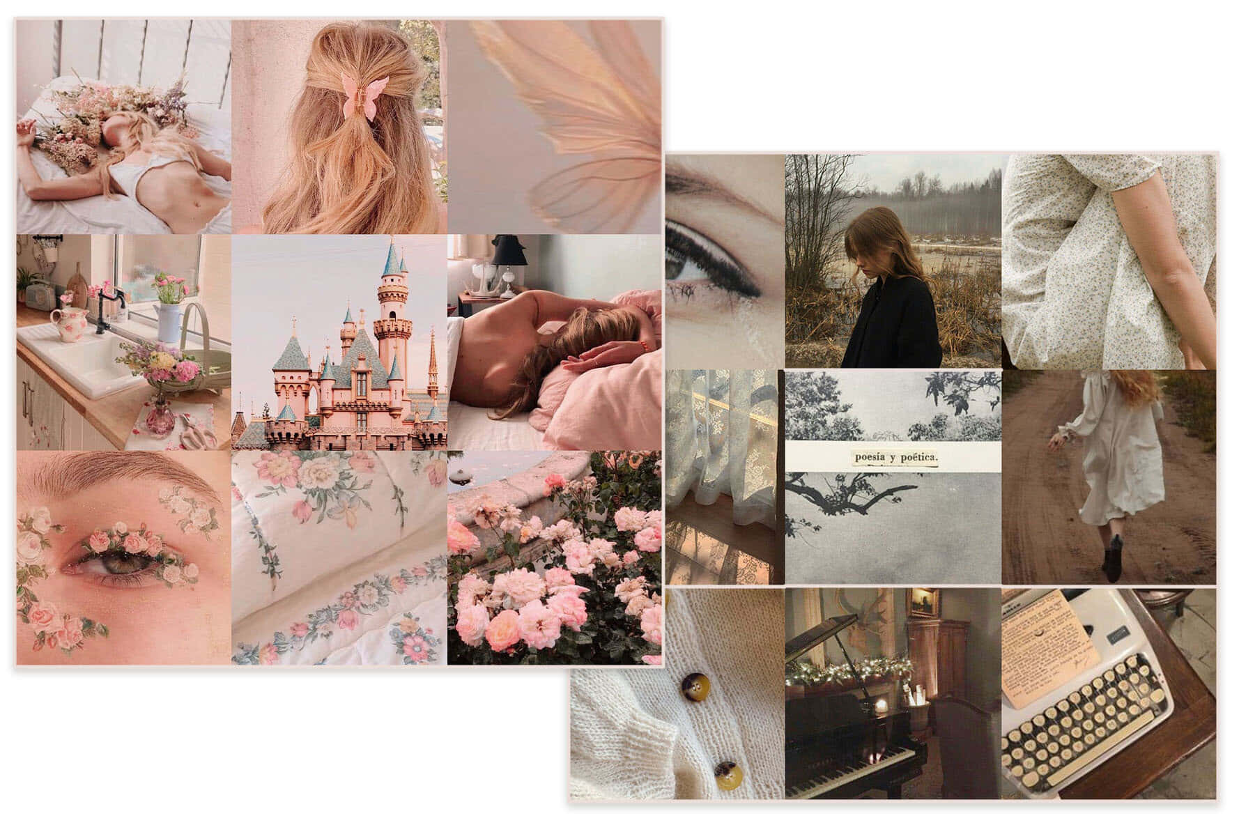 Aesthetic Moodboard 桌布 壁紙 — 柔和粉彩拼貼，夢幻時刻：睡夢中的女孩、城堡、玫瑰、打字機和柔和光線中的花卉細節。