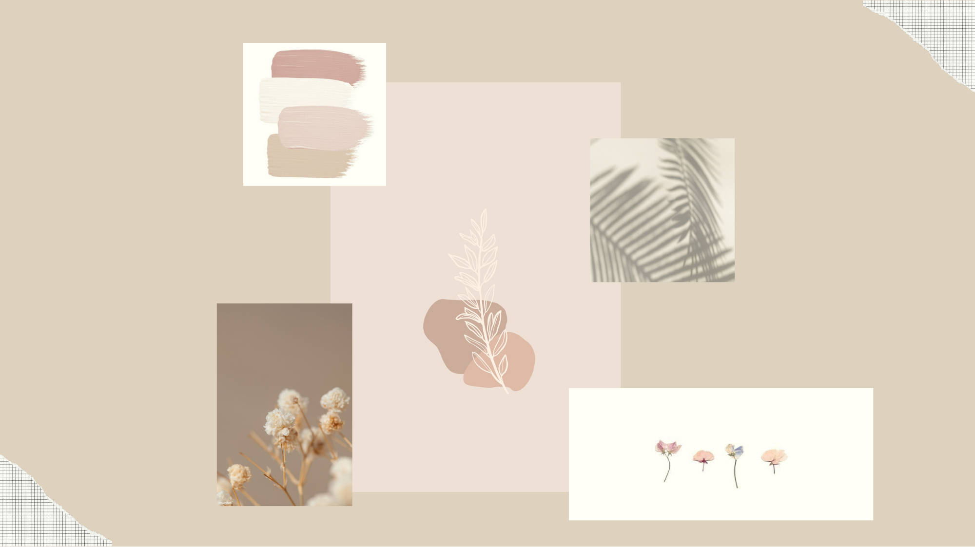 Beige Minimalist 桌布 壁紙 — 柔和粉彩拼貼畫，包含乾燥花、棕櫚葉、色票及抽象形狀，採用柔和的大地色調。