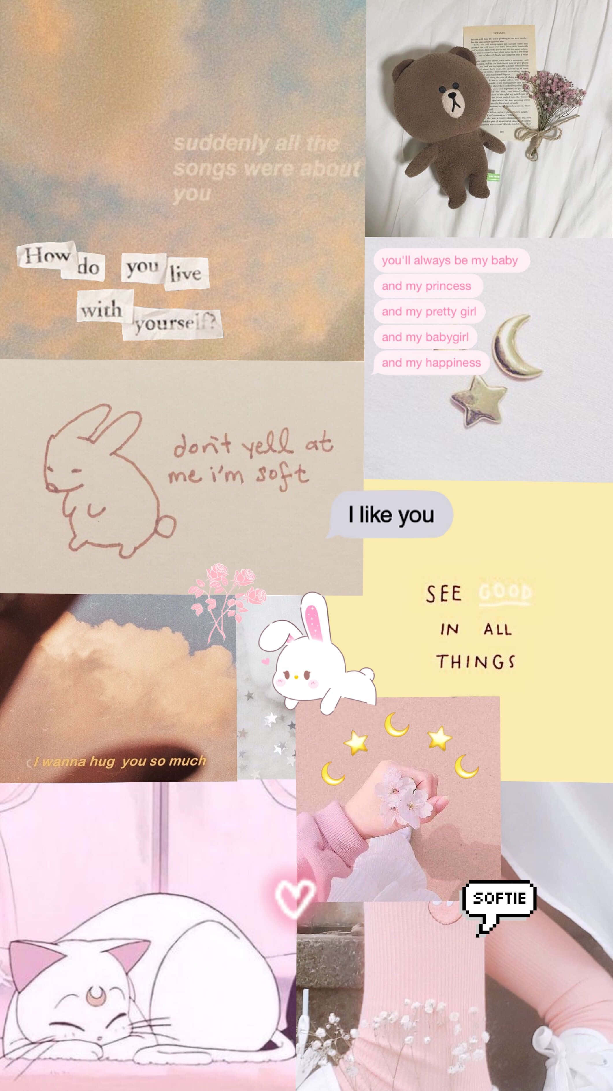 girly pink aesthetic 桌布 壁紙 — 柔和粉彩拼貼畫，包含可愛插圖、語錄和毛絨玩具，營造舒適美學。