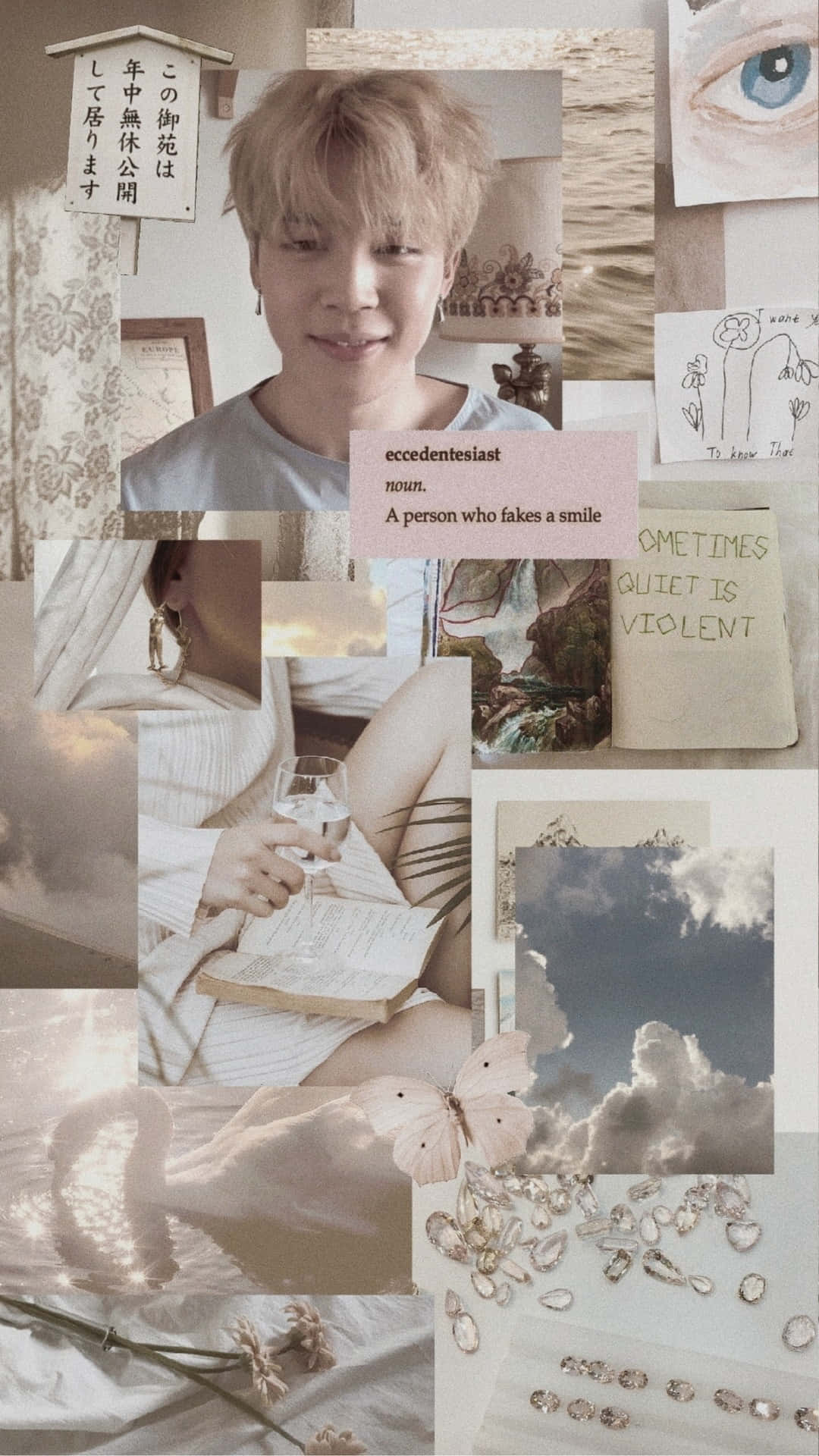 Jimin Aesthetic 桌布 壁紙 — 柔和粉彩拼貼畫，包含微笑的年輕男子、手寫筆記、蝴蝶、葡萄酒和夢幻天空碎片。
