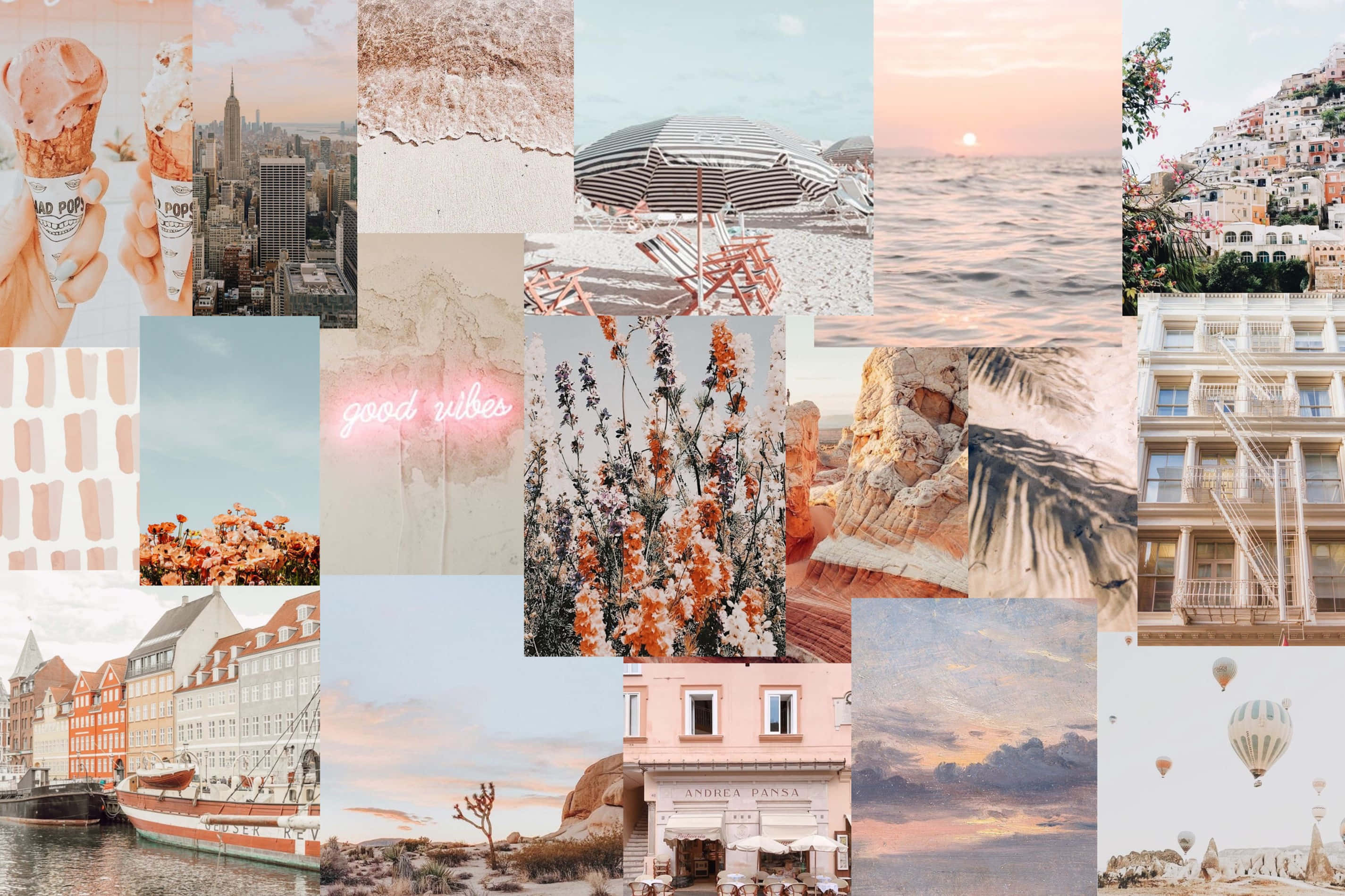 Cool Collage 桌布 壁紙 — 柔和粉彩拼貼畫，包含旅行場景，如冰淇淋甜筒、城市景觀、海灘和日落。