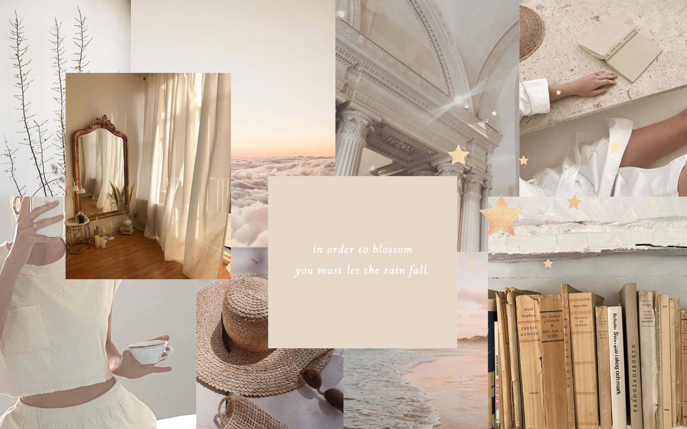 Neutral Aesthetic Desktop 桌布 壁紙 — 柔和粉彩拼貼畫，呈現寧靜時刻：鏡房裡的人、古典建築、擱在石頭上的手、書籍和日落時分的海灘。