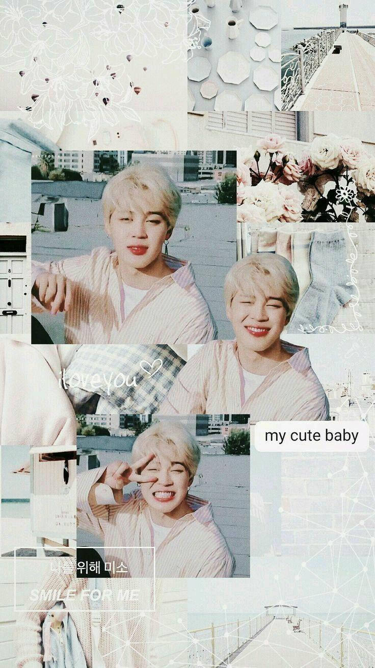 Jimin Aesthetic 桌布 壁紙 — 柔和粉彩拼貼畫，多張照片中有一位微笑的年輕男子，帶有花卉圖案和橋樑背景。