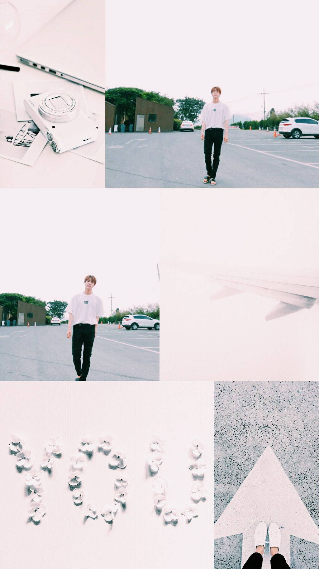Bts Aesthetic 桌布 壁紙 — 柔和粉彩拼貼畫，描繪一位年輕男子在停車場行走、桌上相機，以及用花朵拼成的YOU字樣。