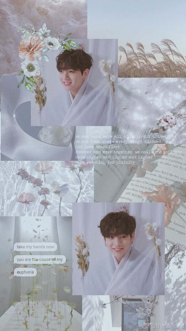 Soft Girl Aesthetic 桌布 壁紙 — 柔和粉彩拼貼畫，描繪一位微笑的年輕男子身穿白色長袍，周圍環繞乾花和詩意文字。