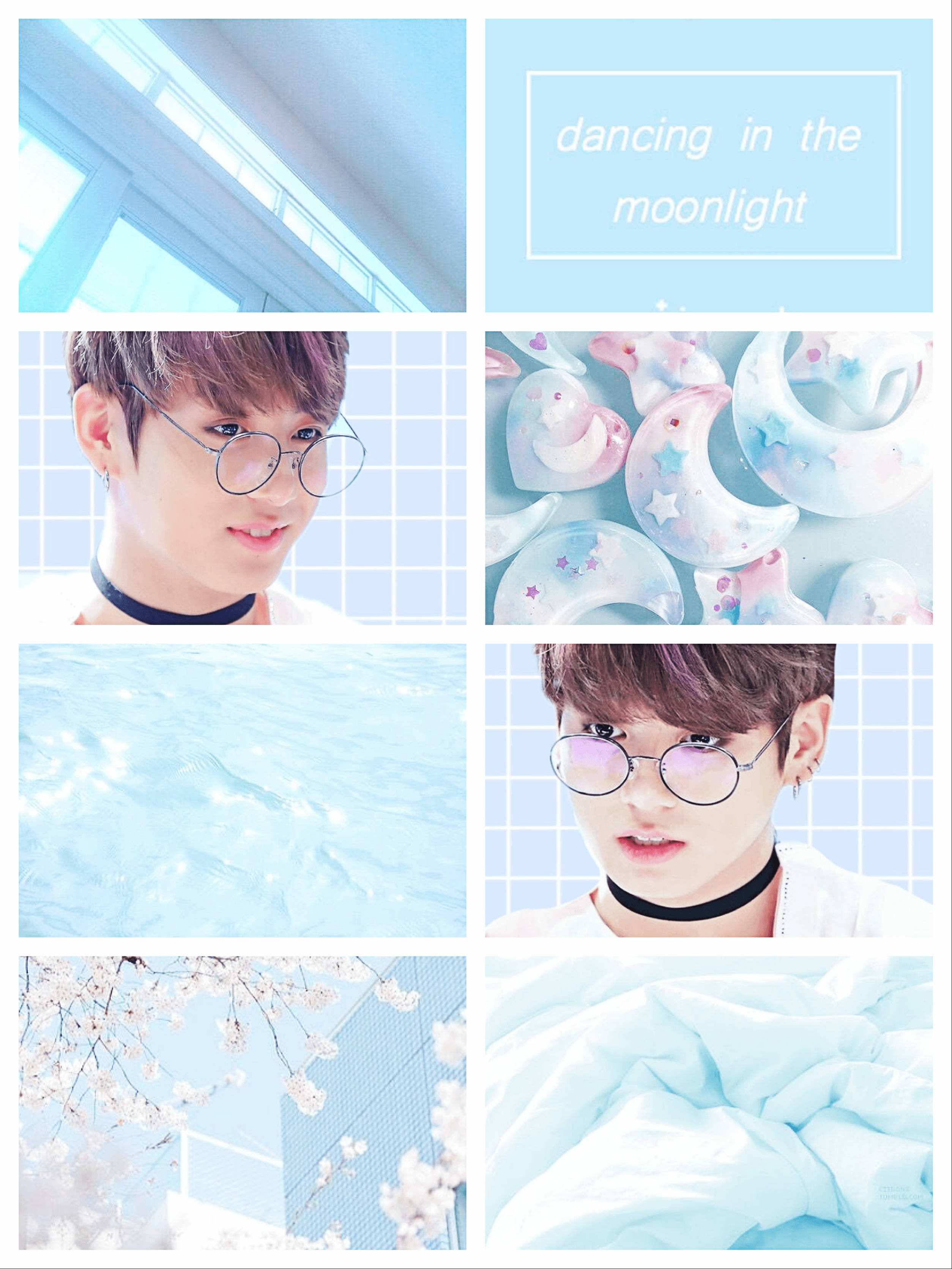 Jungkook Aesthetic 桌布 壁紙 — 柔和粉彩拼貼畫，描繪一位戴眼鏡的年輕男子、月亮主題裝飾、櫻花，以及在明亮藍天下舒適的寢具。