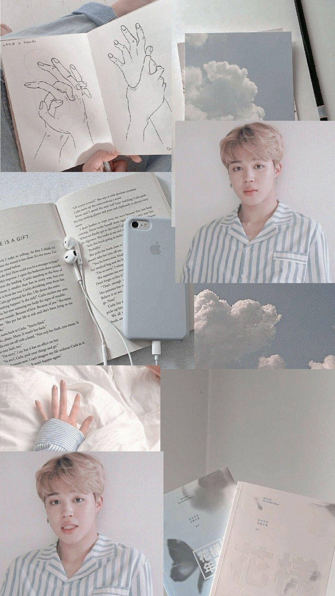 Jimin Aesthetic 桌布 壁紙 — 柔和粉彩拼貼畫，描繪一位身穿條紋睡衣的年輕男子，搭配雲朵插圖和手繪草圖，放置在床上的書籍和手機之間。