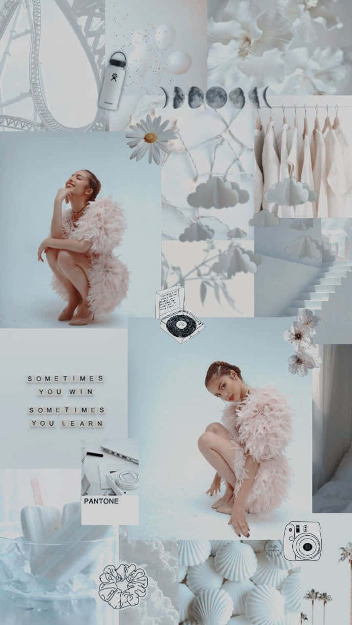 Olivia Rodrigo Aesthetic 桌布 壁紙 — 柔和粉彩拼貼畫，描繪一位身穿蓬鬆粉色服裝的女性、月相、花卉及時尚單品，背景為淺藍色。