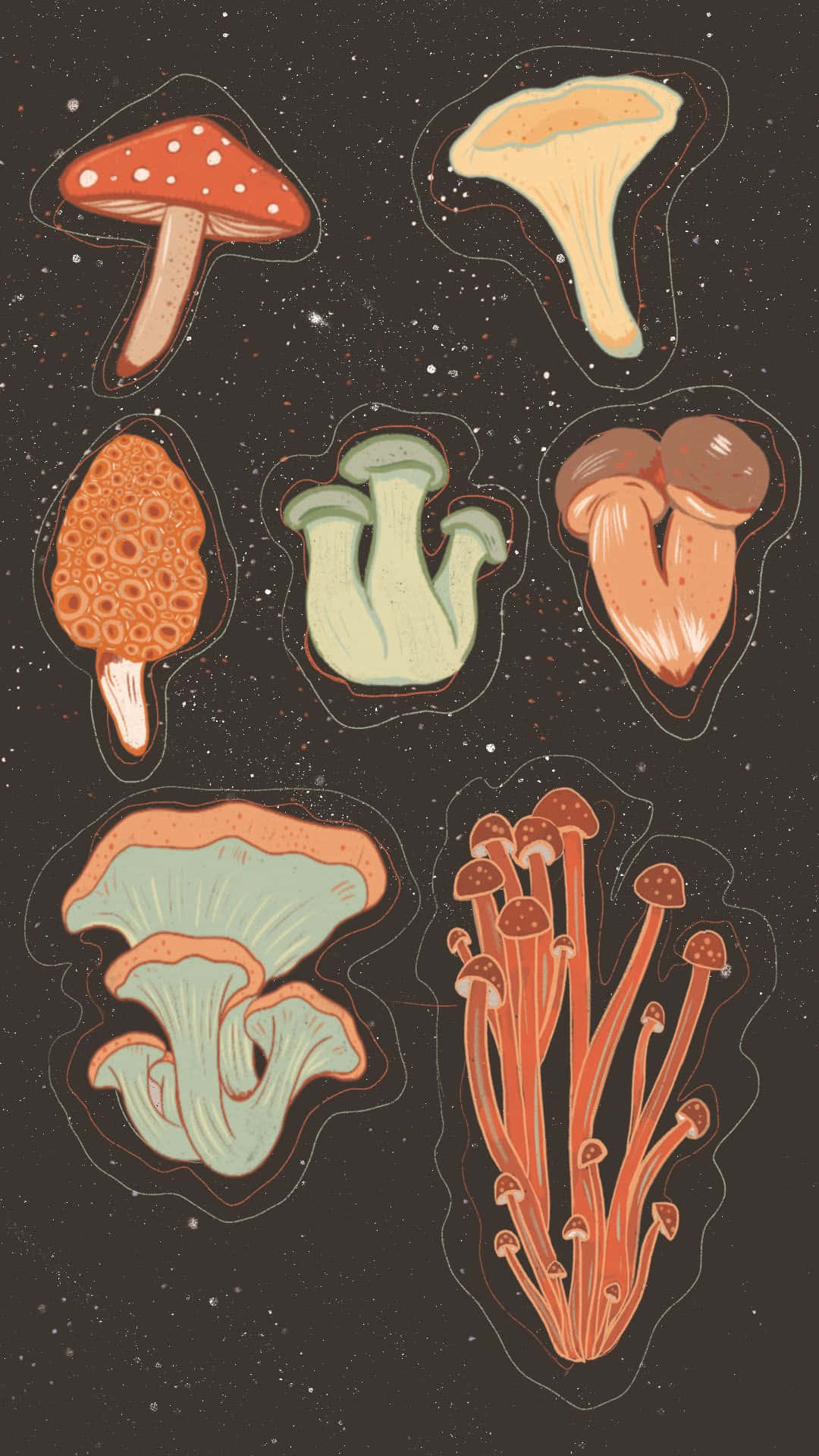 Mushroom Phone 桌布 壁紙 — 柔和粉彩插畫蘑菇在星空宇宙背景中漂浮，帶有發光輪廓。