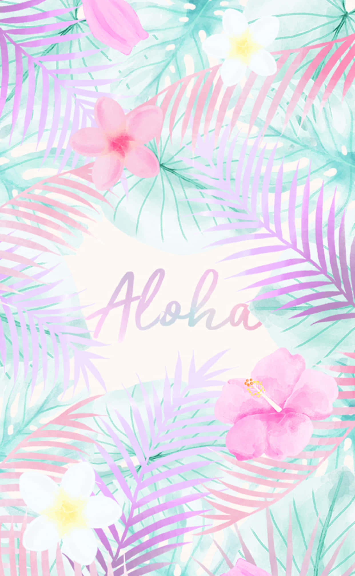 Summer iPhone 桌布 壁紙 — 柔和粉彩水彩熱帶樹葉和花朵環繞著「Aloha」一詞，營造出夢幻般的構圖。