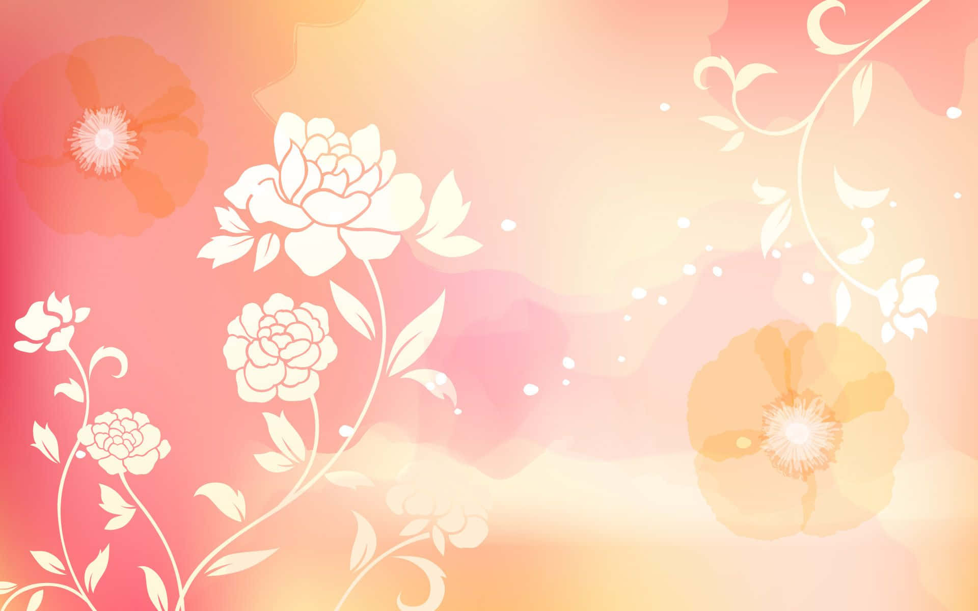 Flower Art 桌布 壁紙 — 柔和粉彩漸變背景，帶有白色花卉剪影和精緻藤蔓，襯托溫暖的蜜桃色和粉紅色調。