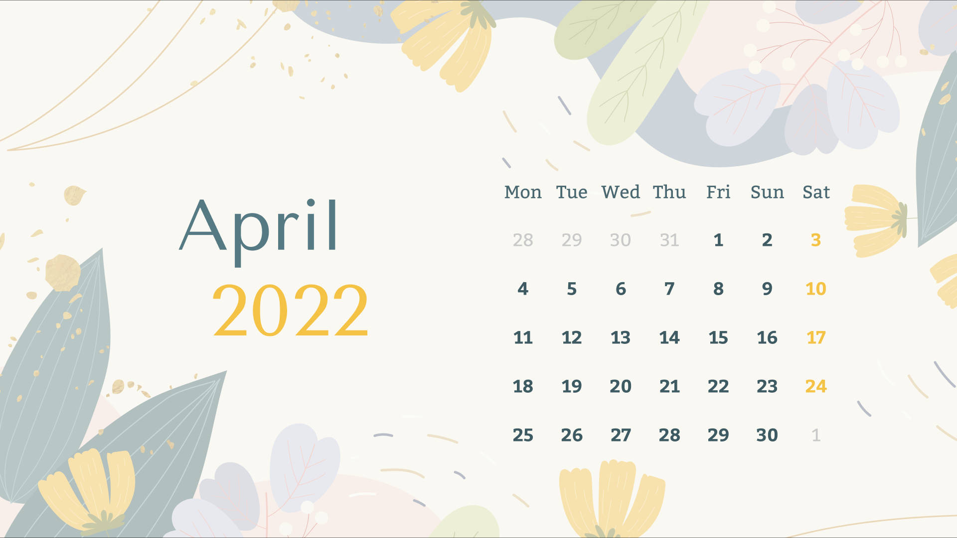 2022年4月月曆，帶有花卉設計元素。 — 貓頭鷹 GIF 壁紙