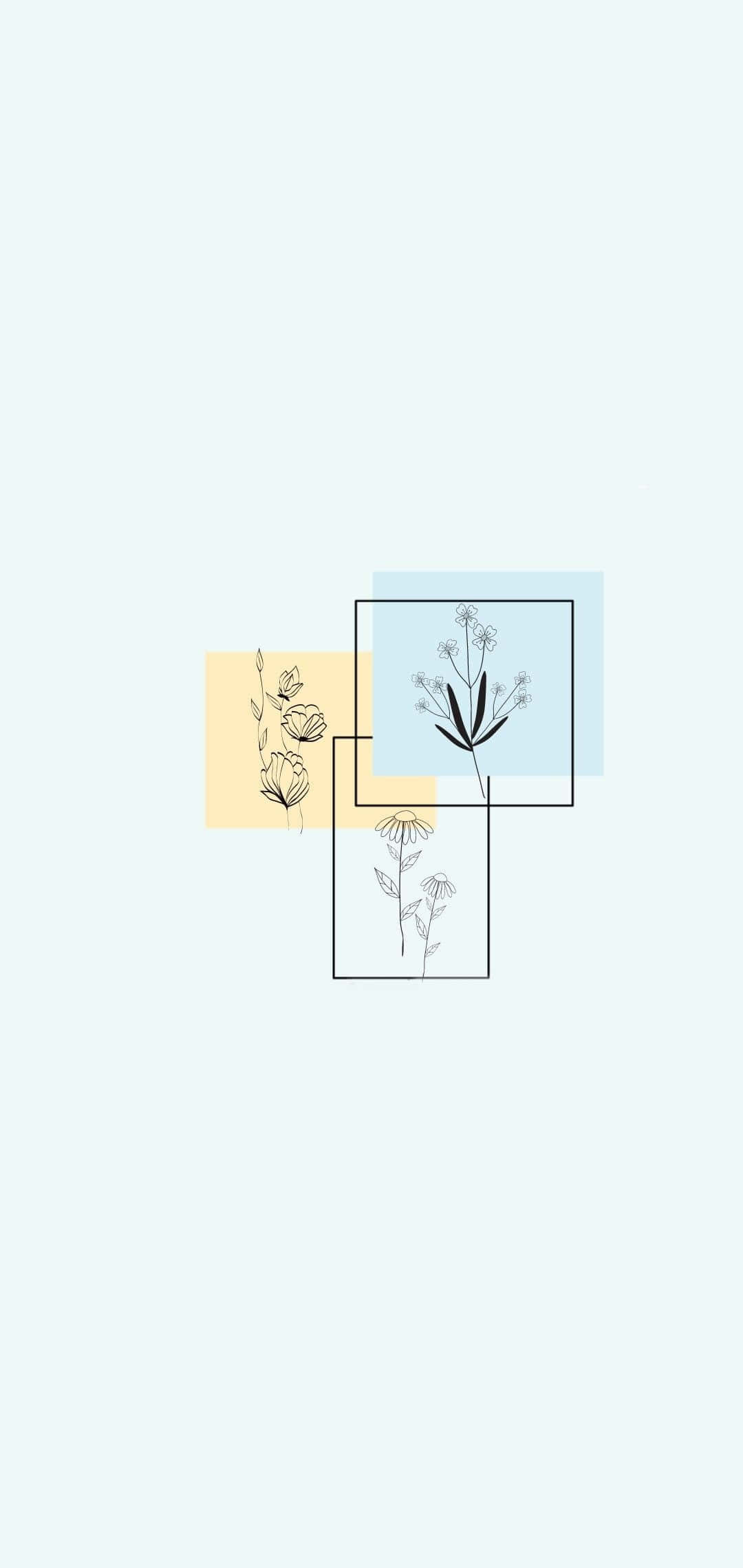 Minimalist Flower Computer 桌布 壁紙 — 柔和粉彩背景上，重疊幾何框架中精緻花朵的極簡線條藝術。