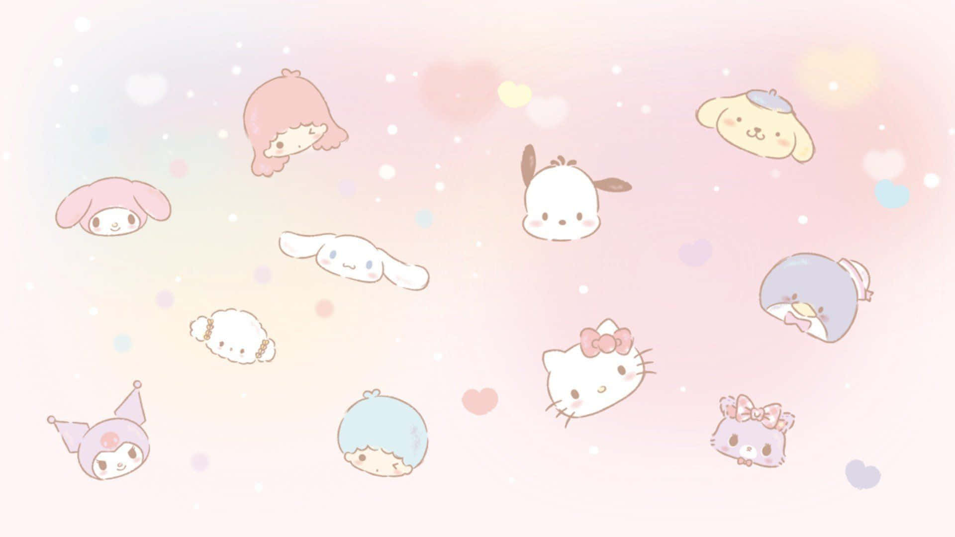 sanrio 桌布 壁紙 — 柔和粉彩色的Sanrio角色在柔軟的心形和閃爍光芒中輕輕漂浮，背景是夢幻的漸變天空。