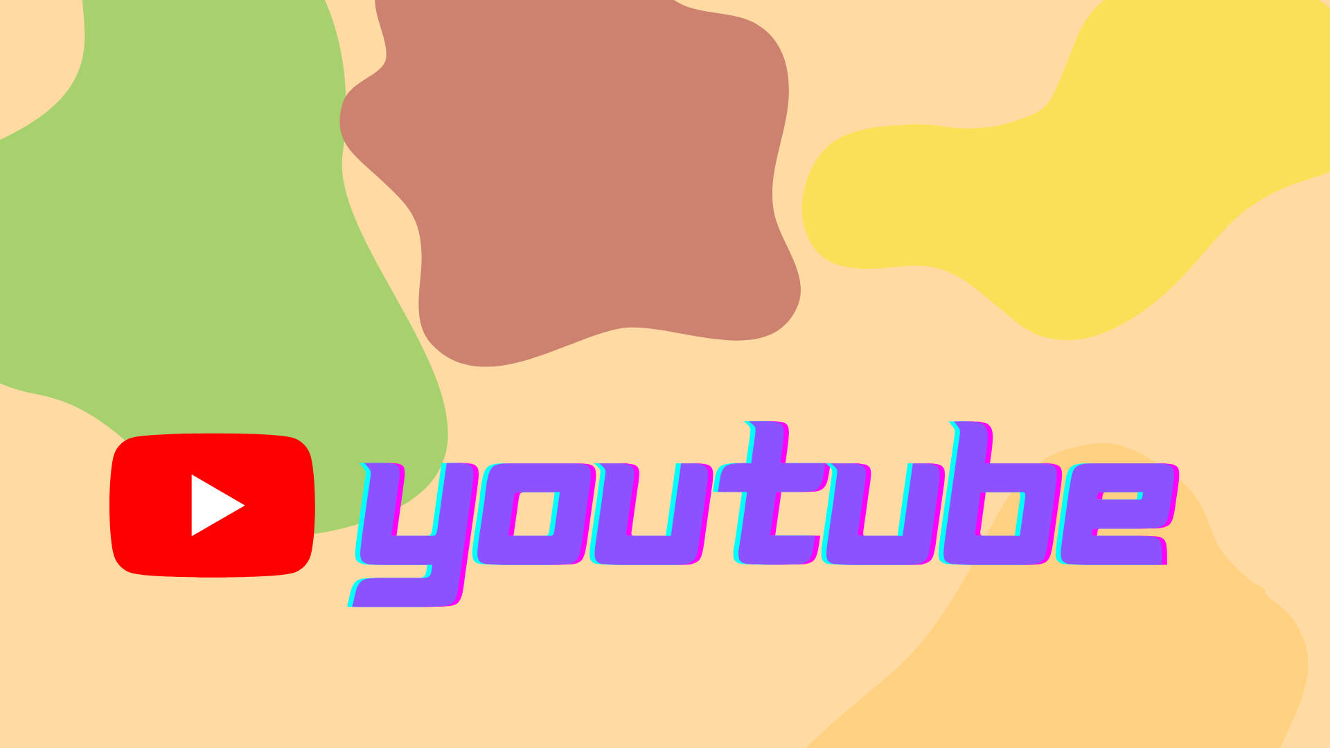 YouTube Logo 桌布 壁紙 — 柔和粉彩色的鮮豔抽象形狀，以醒目的紫色和紅色文字框起標誌性的 YouTube 標誌。