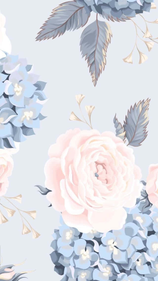 Simple Flower 桌布 壁紙 — 柔和粉彩花卉壁紙，淺藍色背景上點綴粉紅玫瑰和藍色繡球花。