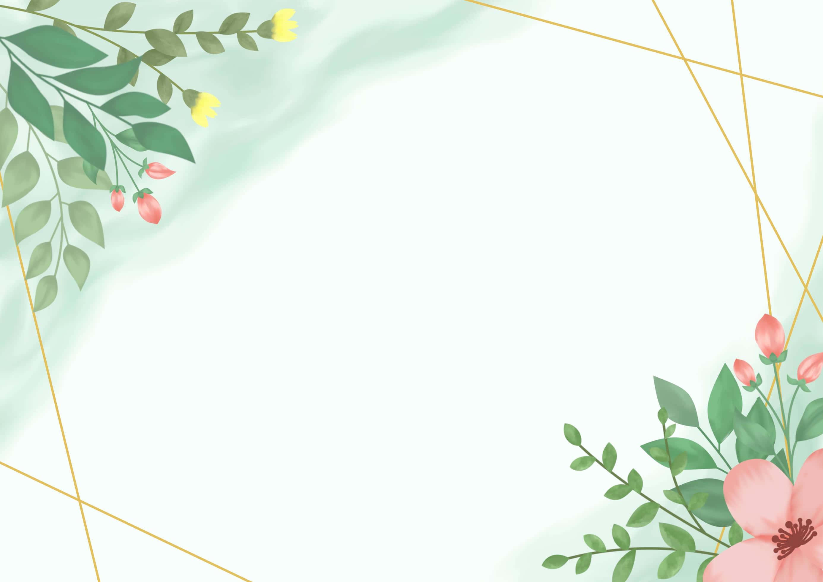 Painting 桌布 壁紙 — 柔和粉彩花卉邊框，帶有綠色葉子、黃色花蕾和粉紅色花朵，以金色線條框在薄荷色背景上。