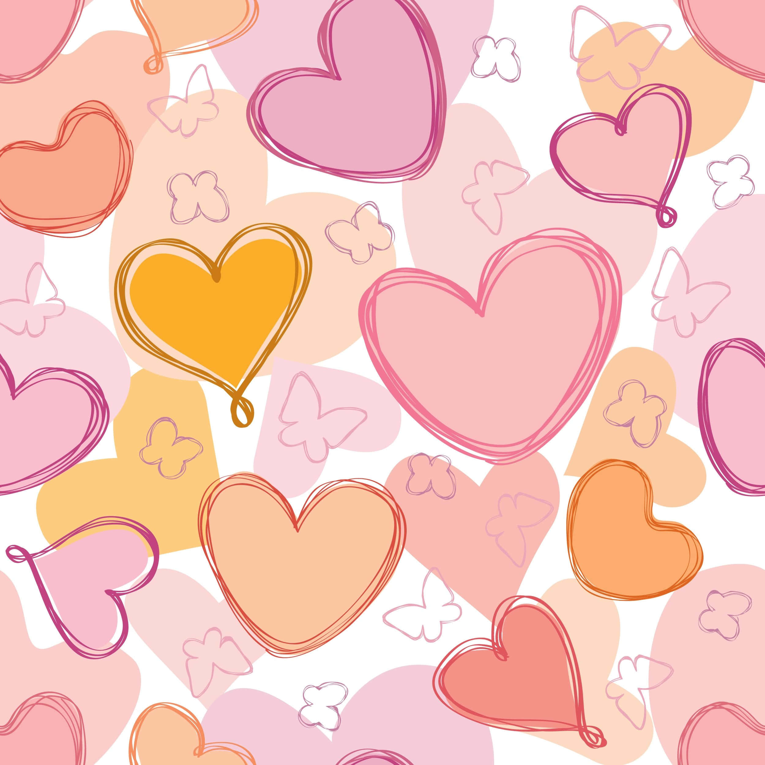 Heart Doodle 桌布 壁紙 — 柔和粉紅、橙和黃色調的粉彩心形和蝴蝶，以俏皮的手繪風格漂浮在白色背景上。