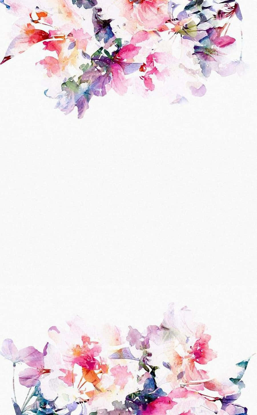 Pink And White Aesthetic 桌布 壁紙 — 柔和粉紅、紫色和橙色的水彩花卉，點綴在極簡白色背景的頂部和底部。