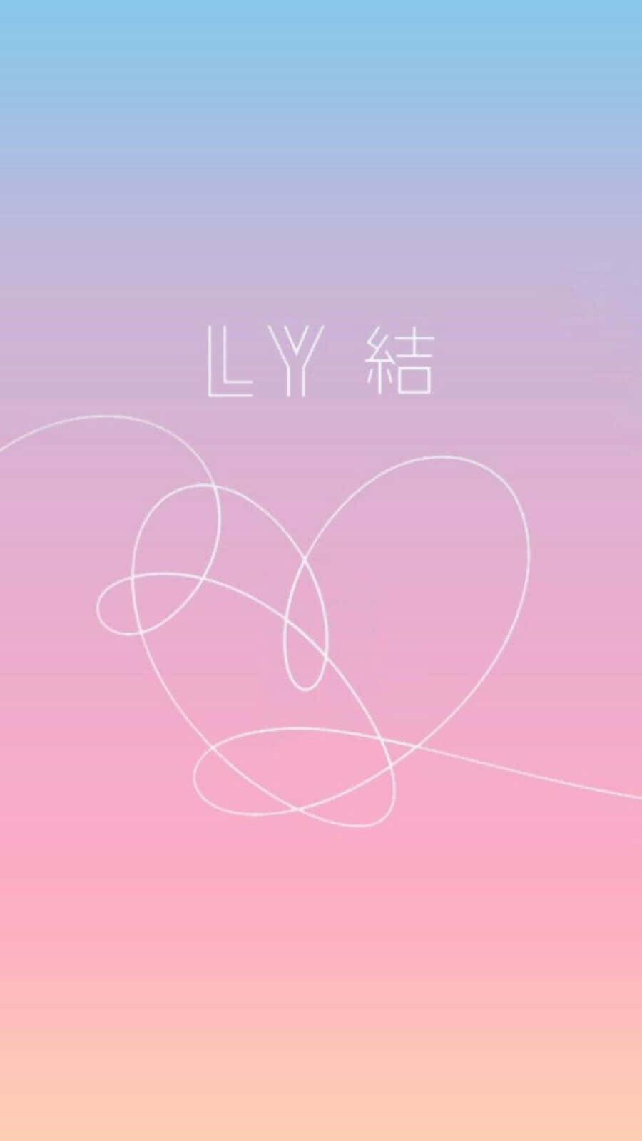 Bts Love Yourself 桌布 壁紙 — 柔和粉紅、藍色和橙色的漸變背景，帶有白色文字和塗鴉心形輪廓。