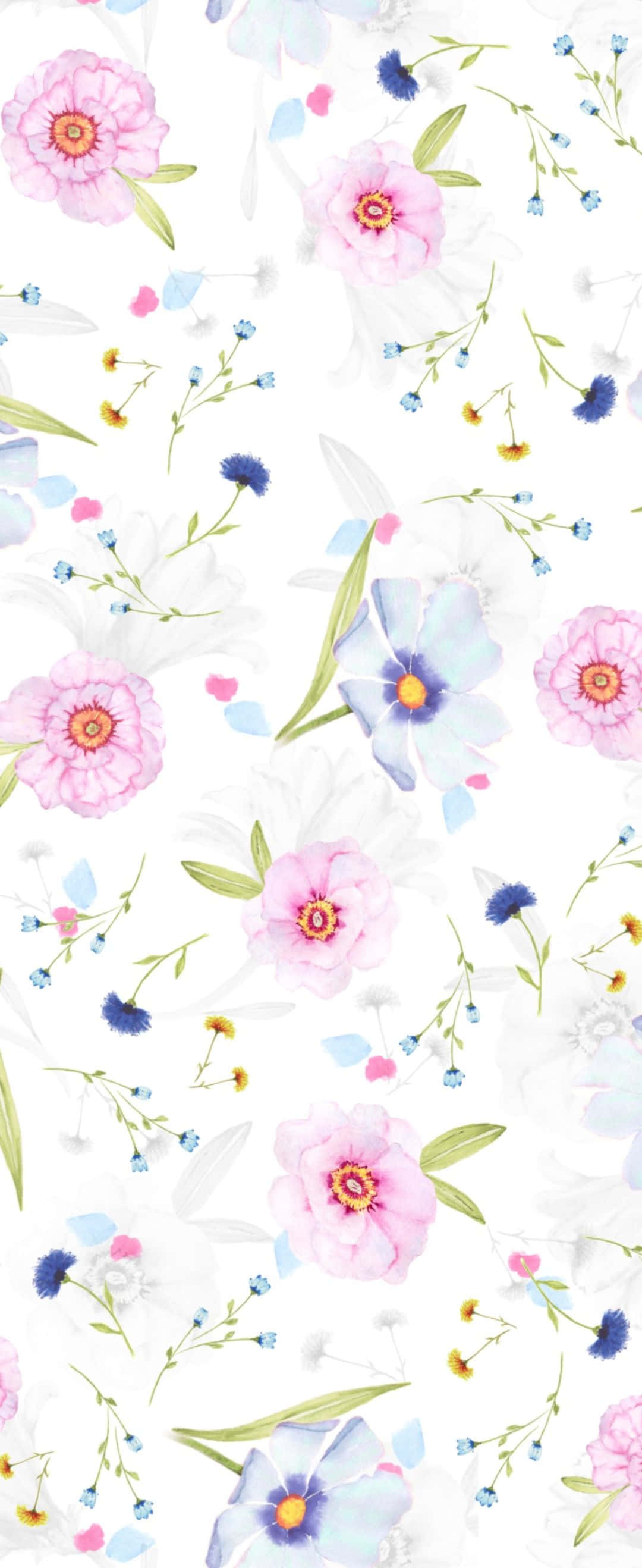 1080x2636 桌布 壁紙 — 柔和粉紅、藍色和白色的精緻水彩花朵，在潔白背景上飄浮，點綴著散落的綠色莖幹和小花。