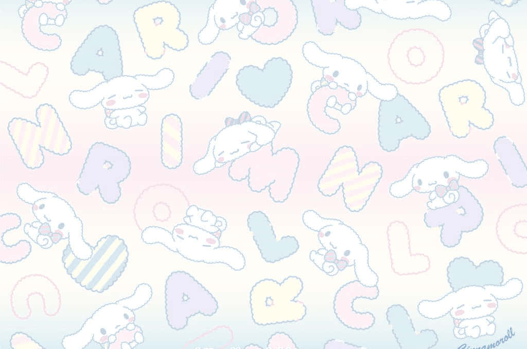 Cinnamoroll Laptop 桌布 壁紙 — 柔和粉紅、藍色和黃色色調的粉彩漸層桌布，帶有可愛的 Cinnamoroll 角色和字母心形。