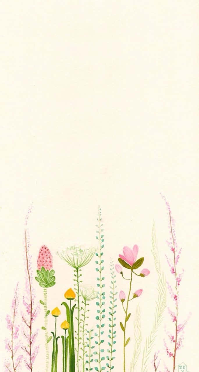 Minimalist Flower Computer 桌布 壁紙 — 柔和粉紅、黃色和綠色的精緻水彩野花在奶油色米白背景底部盛開。