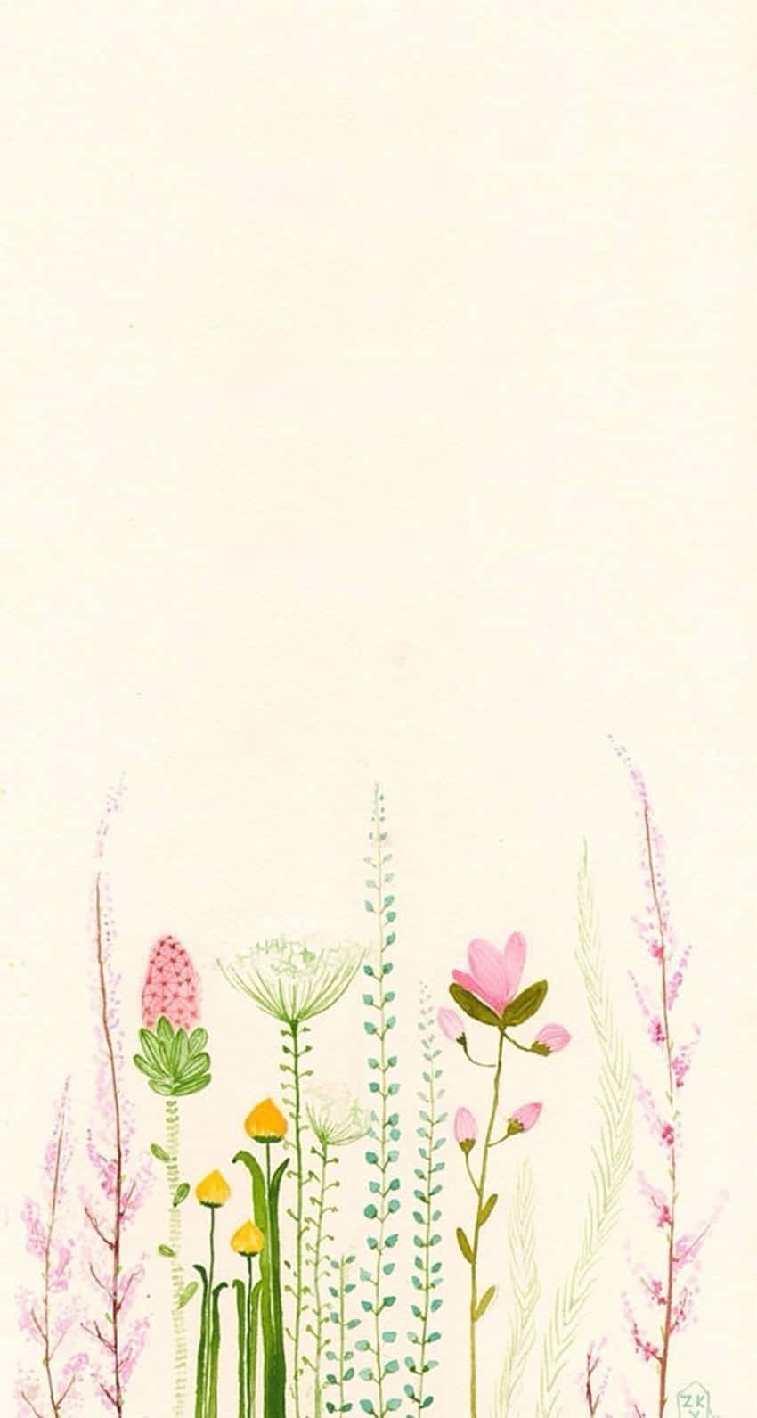Cute Flower 桌布 壁紙 — 柔和粉紅、黃色和綠色的精緻水彩野花在奶油色米白背景底部盛開。