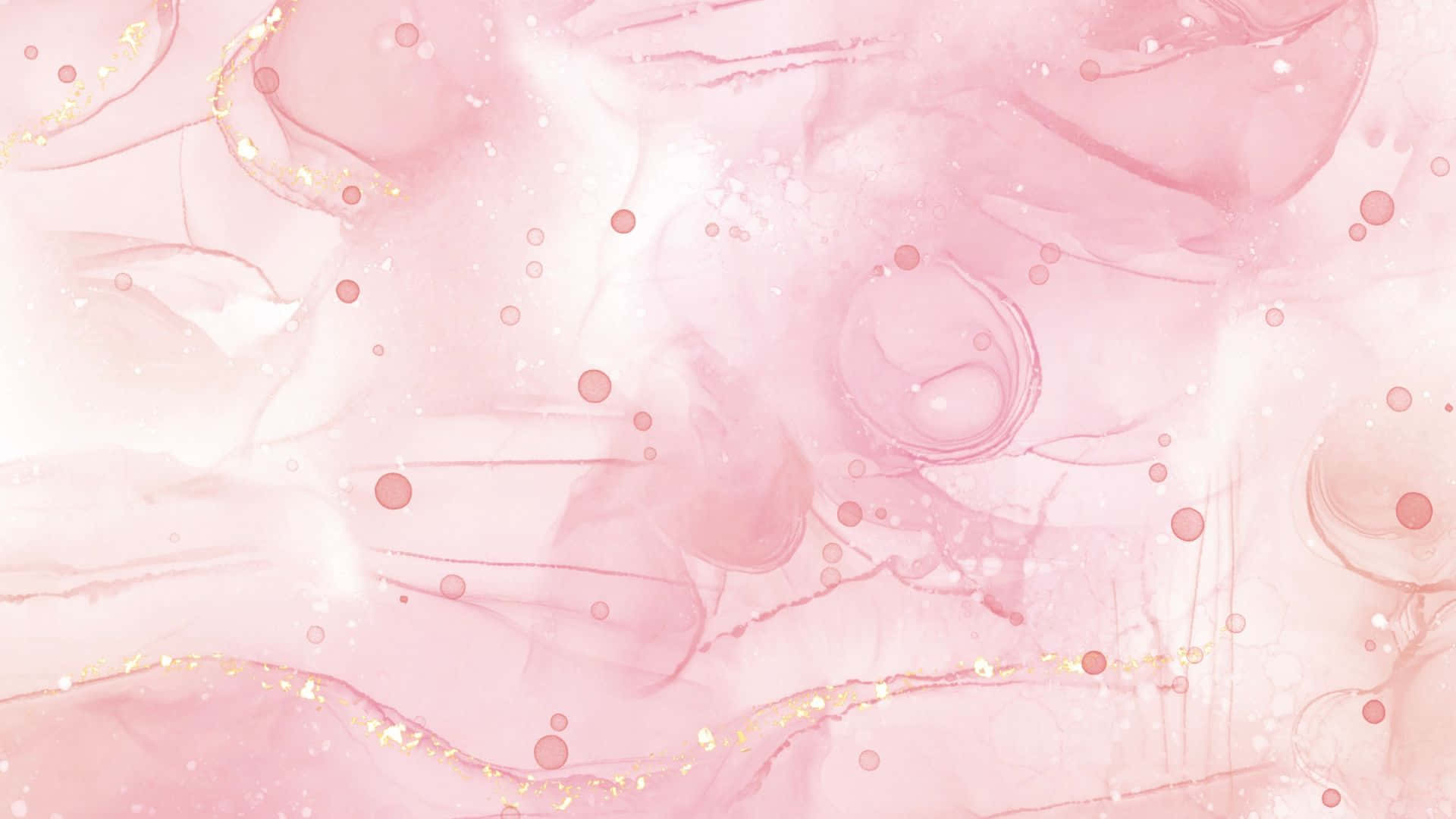 Pink Abstract 桌布 壁紙 — 柔和粉紅水彩漩渦，搭配金色亮粉點綴和散落圓點，營造夢幻抽象背景。