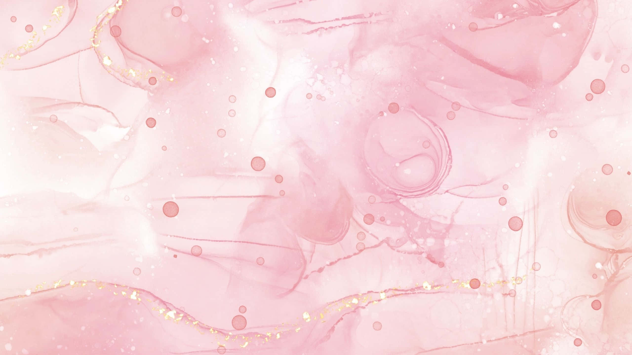 Aesthetic Computer Light Pink 桌布 壁紙 — 柔和粉紅水彩漩渦搭配金色閃粉點綴和散落圓點，營造出夢幻抽象背景。