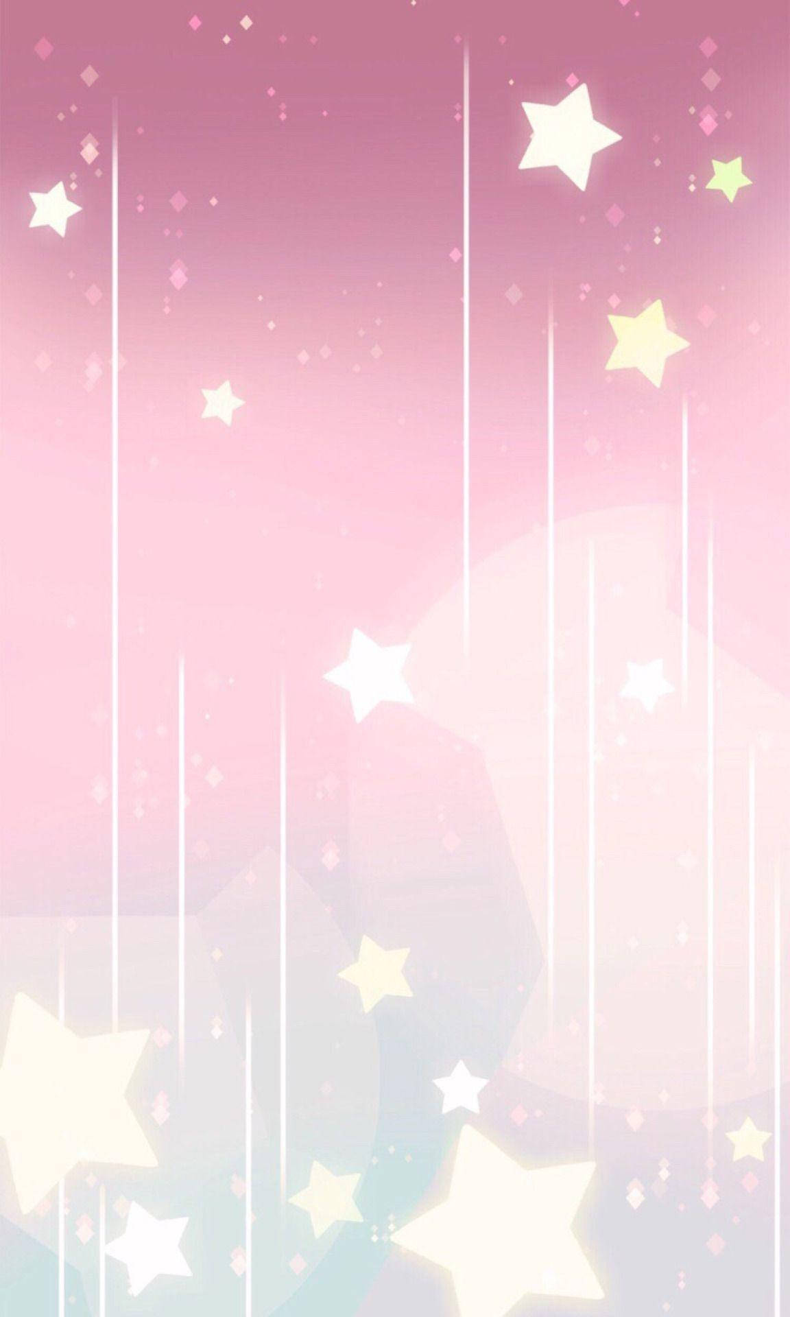 粉紅色系 iPhone 桌布 壁紙 — 柔和粉紅漸變天空，閃爍星星和閃亮鑽石粒子如雨般落下。