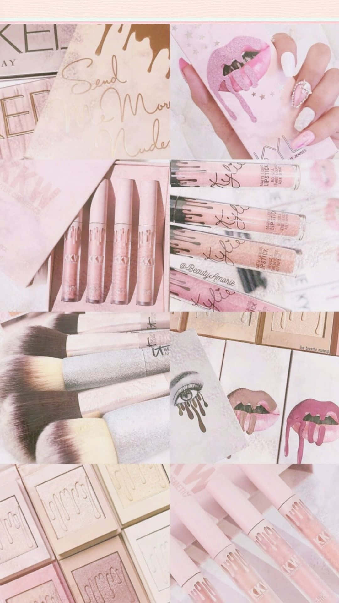 Cute Makeup 桌布 壁紙 — 柔和粉紅美容拼貼，包含唇彩刷、指甲藝術及滴落唇膏設計。